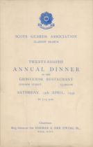 Army 1939 Scots Guards Glasgow 28th Annual Dinner Menu, 15th April 1939. Good condition. All