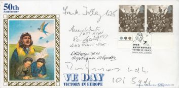 Five WW2 Bomber command veterans signed rare 1995, 50th ann Victory in Europe 2x 19p gutter pair