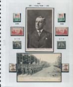 Great War vintage postcard and stamp display. WWI French Troops in Paris Victory march postcard,