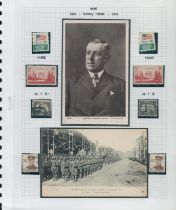 Great War vintage postcard and stamp display. WWI French Troops in Paris Victory march postcard,