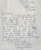 Aviation Pioneer Henry Vallance hand written letter regarding DH89 1988. With Biography page. The