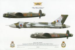 Vulcan B2 XH558, Lancaster B1 PA474 KC-A and BX FM213 VRR-A Squadron Print. Approx 44 x 29 cm. .