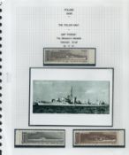 WW2 Polish Navy three WW2 Polish Ship Stamps and copy ORP Piorun picture. Set on descriptive A4 page