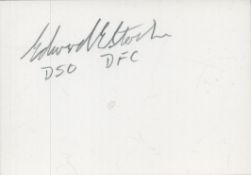 WW2Flight Lieutenant Edward E Stocker DSO DFC signed white card. Served as a Flight Engineer and