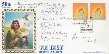 Eight WW2 Bomber command veterans Tirpitz Raiders signed rare 1995, 50th ann Victory in Europe 2x