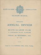 Army 1925 Scots Guards Glasgow 15th Annual Dinner Menu, 6th Nov 1925. Good condition. All autographs