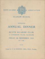 Army 1925 Scots Guards Glasgow 15th Annual Dinner Menu, 6th Nov 1925. Good condition. All autographs