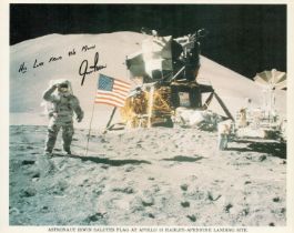 James B. Irwin signed NASA original 10x8 inch colour photo Irwin salutes flag at Apollo 15 Hadley -