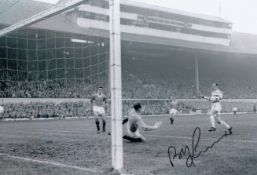 Autographed BOBBY LENNOX 12 x 8 Photo : B/W, depicting BOBBY LENNOX shooting past Rangers goalkeeper