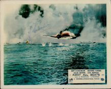 Jeff Chandler signed 10x8 inch Away All Boats vintage colour lobby card. Good condition. All
