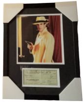 Warren Beatty mounted signed cheque for $300.00 dated November 16th 1976, with colour photo from the