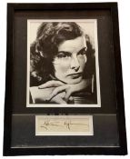Katherin Hepburn mounted signature with black and white photo, framed. Measures 17"x13" appx. Good