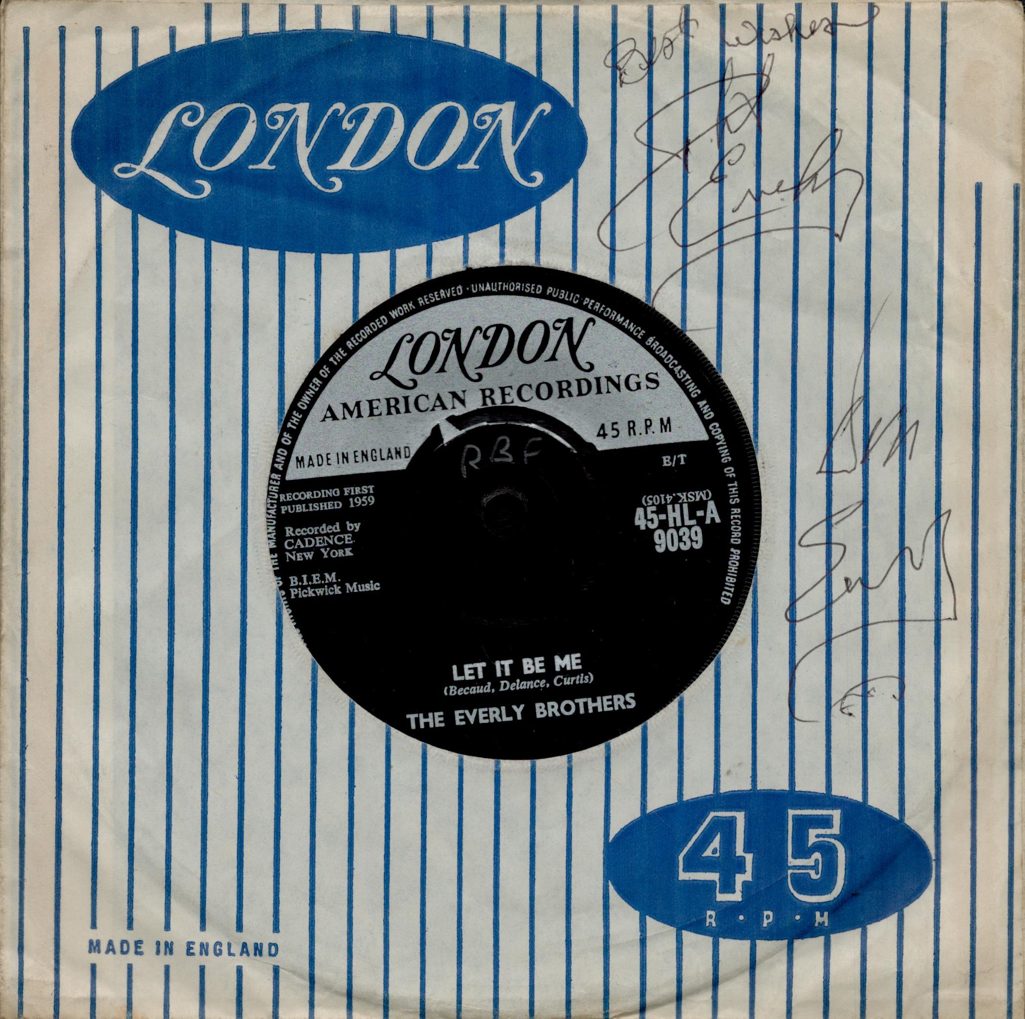 Everly Brothers signed London 45 rpm record sleeve includes Let it be me vinyl record. Good