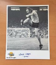 Football. Derek Dougan Signed 10x8 colour Autographed Editions page. Bio description on the rear.