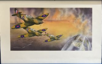 Artist Dave Evans Colour Spitfires In Action Print Measures 16 x 11 inches Approx Overall. Rolled.