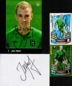 Joe Hart signature collection. Includes 2 trading cards, 1 white card and promo photo. Good