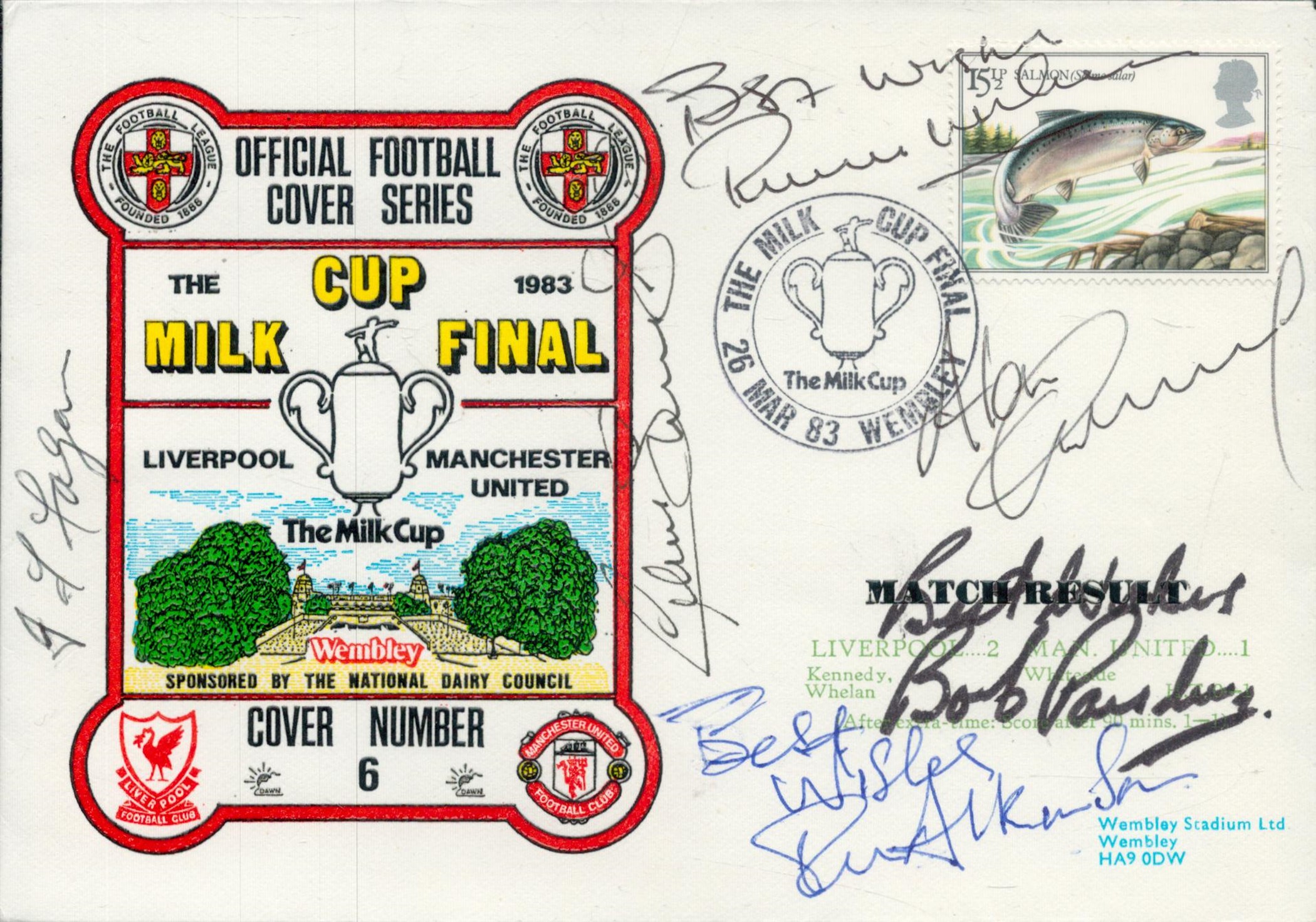 Liverpool FC multi signed 1983 milk cup final cover. Signed by Bob Paisley, Joe Fagan, Graeme