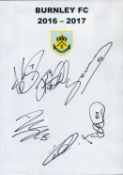 Football. Burnley FC 2016-17 Multi Signed A4 Logoed Sheet of Paper. Includes Gray, Hendrick,