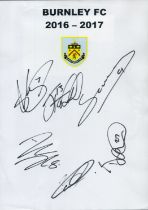 Football. Burnley FC 2016-17 Multi Signed A4 Logoed Sheet of Paper. Includes Gray, Hendrick,