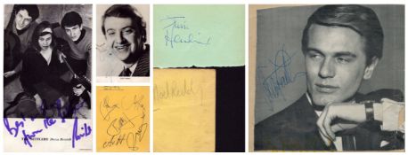 MUSIC a mixtures of 6 signed photos and cutouts. Adam Faith signed black and white newspaper