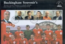 Roger Hunt signed Liverpool FC souvenir stamp pack. Five Stamps plus Triple postmarks 16.4.13. MBE