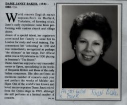 Dame Janet Baker signed black and white photo 5.5x3.5 Inch biography. 7.25x6.25 Inch. Good