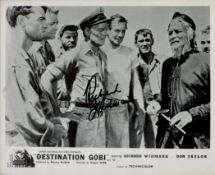 Richard Widmark signed 10x8 inch "Destination Gobi " black and white lobby card photo. Good