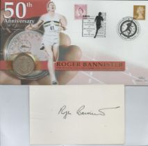 Sir Roger Banister signed white card with nice 50th ann of 4 min mile Benham Coin FDC. Good