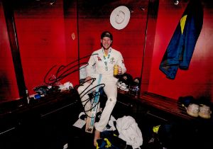 Steve Smith signed 12x8 inch photo pictured celebrating winning the Ashes with Australia. Good