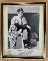 Joe DiMaggio signed 10x8 inch black and white framed and mounted vintage photo. Good condition.