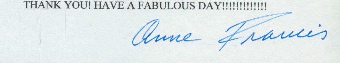 Anne Francis signed 'Thank you' slip 8x2 inch approx. Good condition. All autographs come with a