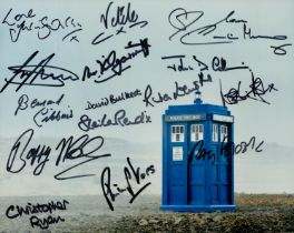 Dr Who multi signed 10x8 inch Tardis colour photo includes 16 great signatures from actors who all