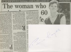 Patricia Hayes signed 6.5x4 inch approx. white index card accompanied with newspaper clippings. Good