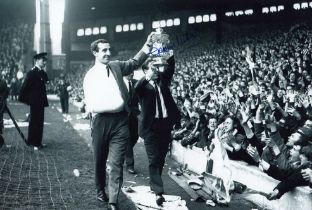 Autographed GORDON MILNE 12 x 8 Photo : B/W, depicting Liverpool's GORDON MILNE and Gerry Byrne