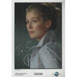 Rosamund Pike signed 12x8 inch Doom Universal pictures colour promo photo. Dedicated. Good