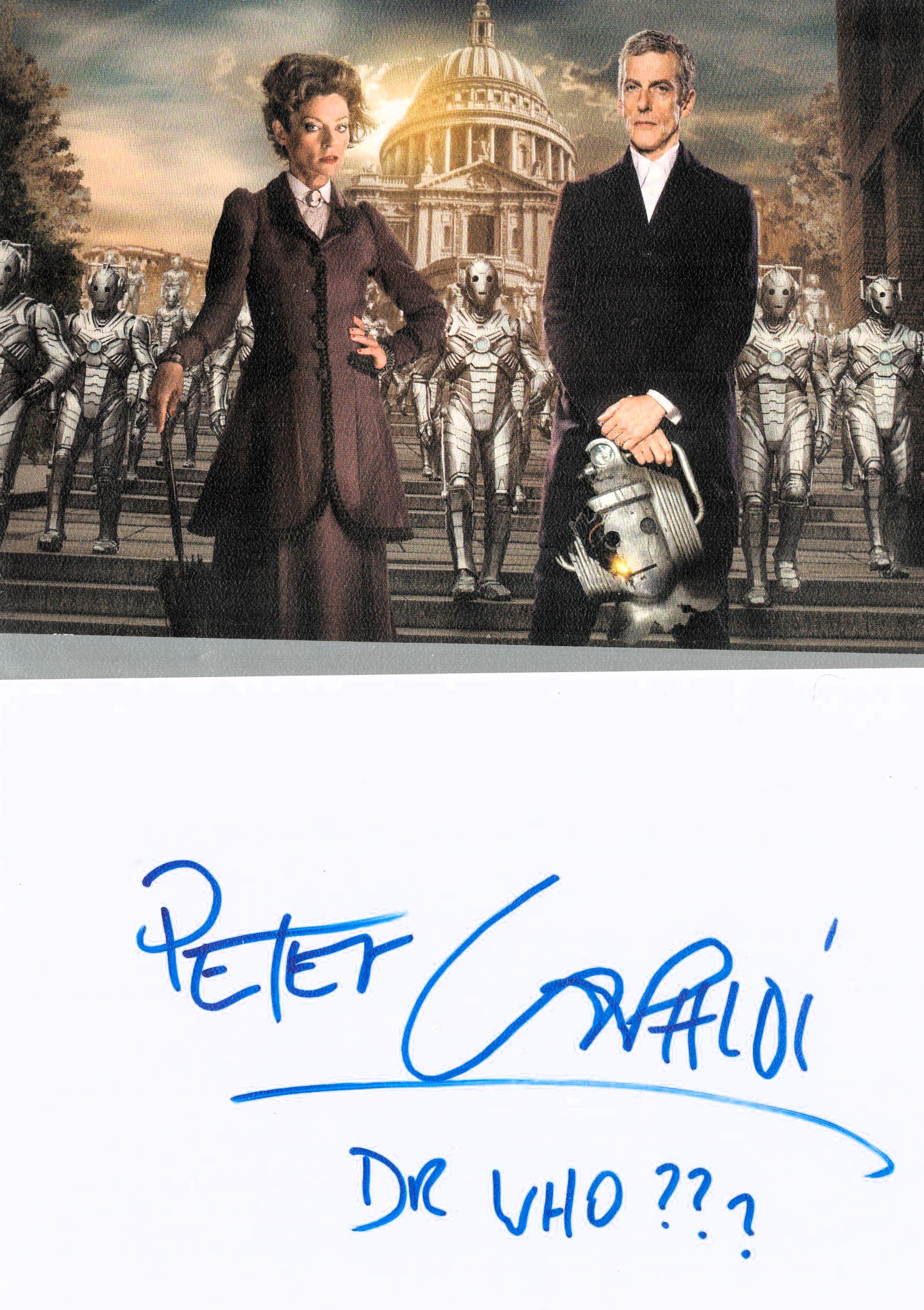 Peter Capaldi signed 6x4 inch white card and 6x4 inch Doctor Who photo. Good condition. All