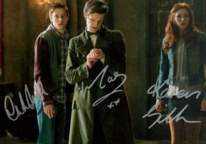 Matt Smith, Karen Gillan and Arthur Darvill signed 12x8 inch Dr Who colour photo. Good condition.