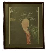 Jon Pertwee signed 13x11 inch overall framed and mounted Dr Who colour photo. Dedicated. Good