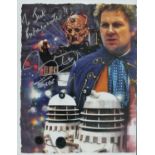 Terry Molloy signed 10x8 inch Doctor Who Davros and the Daleks colour montage photo. Dedicated. Good