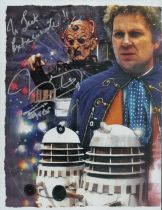 Terry Molloy signed 10x8 inch Doctor Who Davros and the Daleks colour montage photo. Dedicated. Good