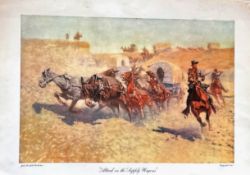 Frederic Remington colour Print Titled 'Attack on the Supply Wagons'. Approx 28x20. Good
