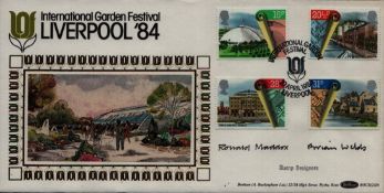 Multi signed Ronald Maddox & Brian Webb FDC International Garden Festival Liverpool '84. Four Stamps