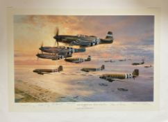 WWII Multi Signed Robert Taylor Colour Print Titled D Day The Airborne Assault 35x25 Inches. Good