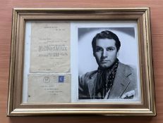 Laurence Olivier TLS with original mailing envelope mounted and framed with black and white photo.