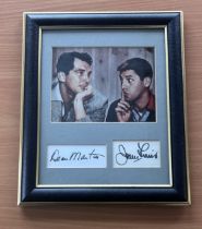 Dean Martin and Jerry Lewis signed mounted and framed colour photo with signatures below. Measures