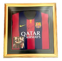 Lionel Messi signed Barcelona home shirt. Framed to approx overall size 24x24inch. Good condition.