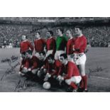 Autographed Man United 12 X 8 Photo : Colorized, Depicting Man United Players Lining Up For A Team