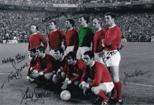 Autographed Man United 12 X 8 Photo : Colorized, Depicting Man United Players Lining Up For A Team