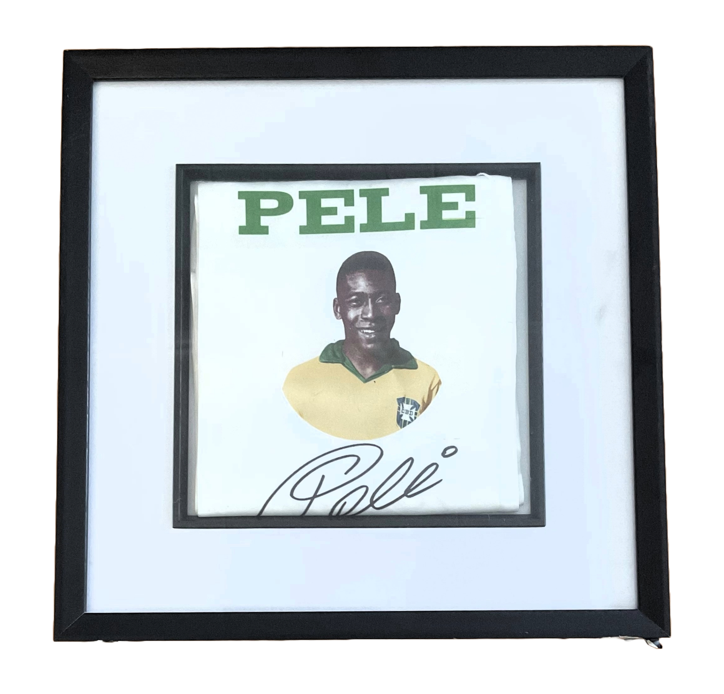 Pele signed pennant. Mounted and framed to approx size 12x12inch. Few knocks to frame but not