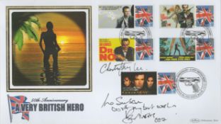Multi signed Sir Christopher Lee, Roger Moore. FDC Benham. 50th Anniversary A Very British Hero.